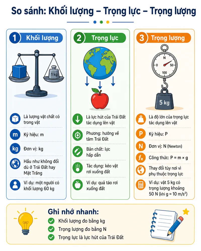 Khối lượng, trọng lực và trọng lượng là ba khái niệm liên quan nhưng không giống nhau, cần phân biệt rõ khi học vật lý.